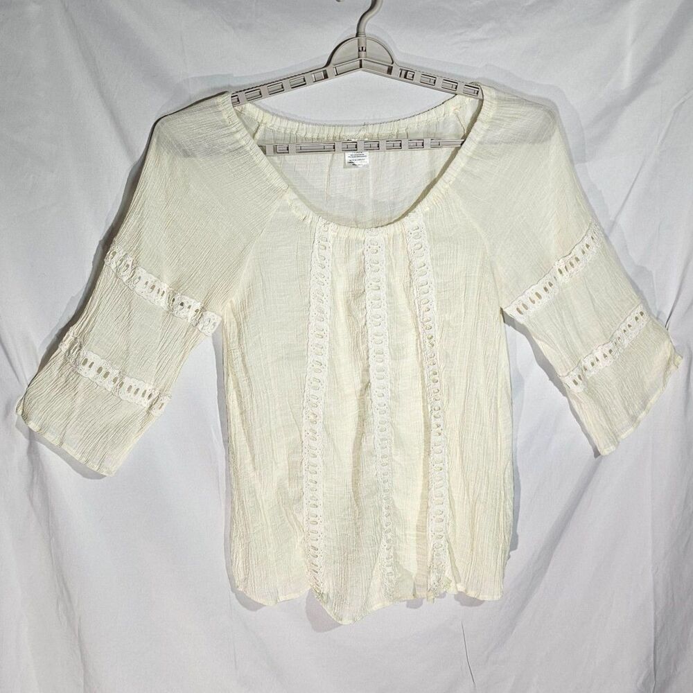 Wrangler Embroidered Eyelet Lace Peasant Blouse Ivory Boho Bell Sleeve Size L
